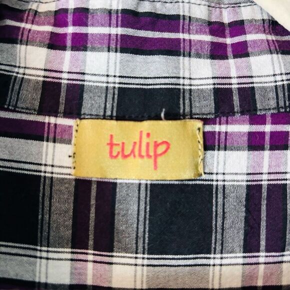 Tulip plaid cotton asymmetrical flounce back black purple white button up tunic - Picture 8 of 11